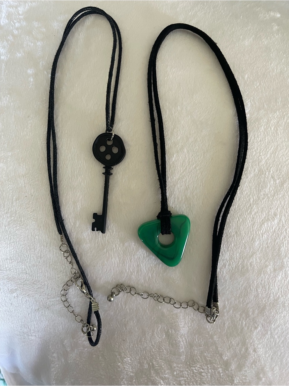 Coraline necklaces!! Black Cord Necklaces with Key and Green Triangle Pendants